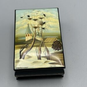 Russian Lacquer Trinket Box The Rooks Have Returned Mother of Pearl Inlay Signed